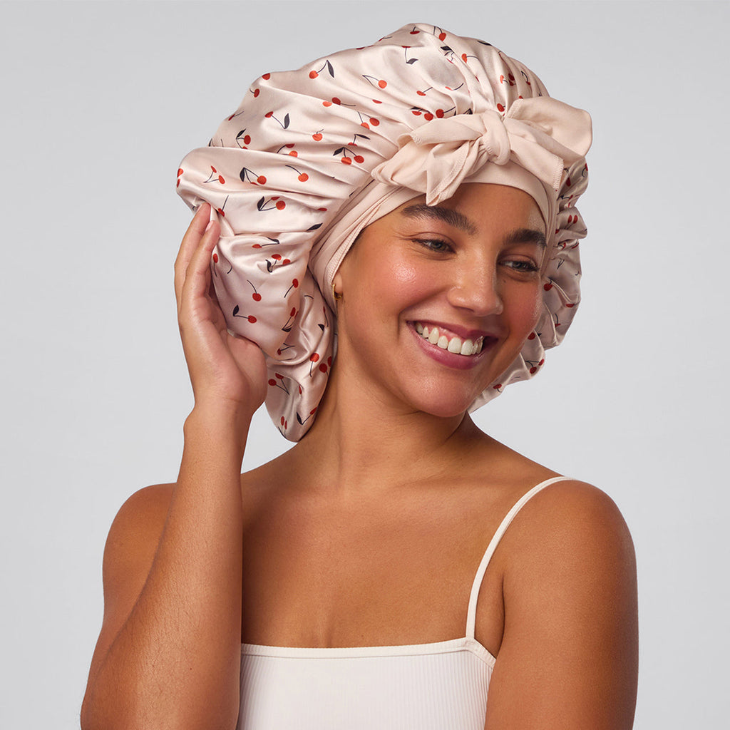 Cherry Print Oversized Satin Bonnet